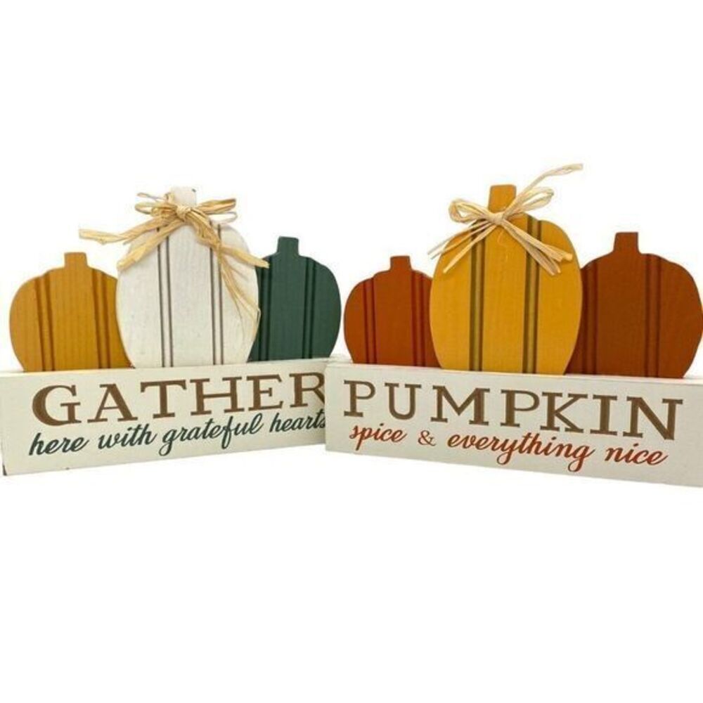 Farmhouse Fall Autumn Harvest Pumpkin Wood Signs Table Decor Set Of 2